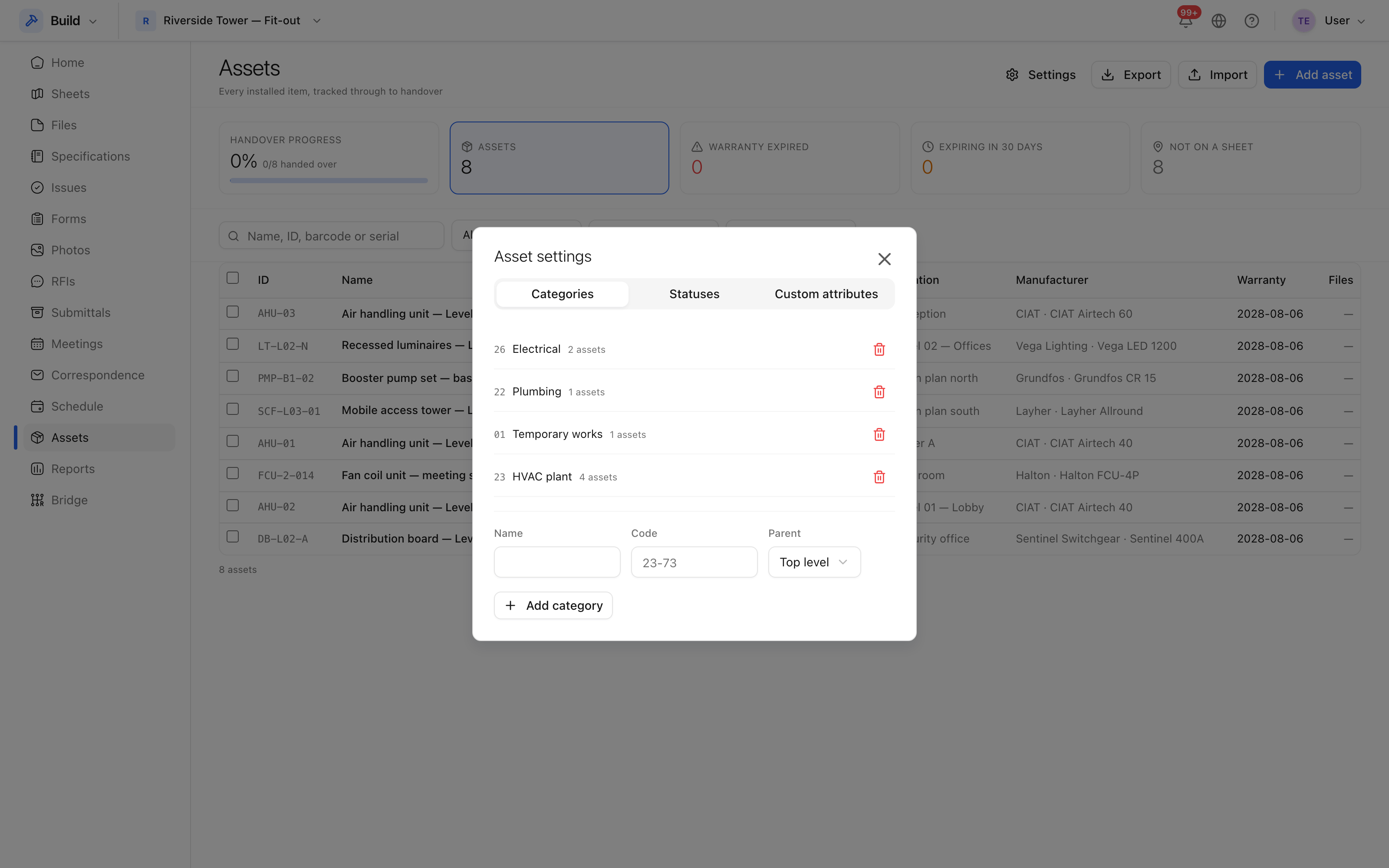 Asset settings
