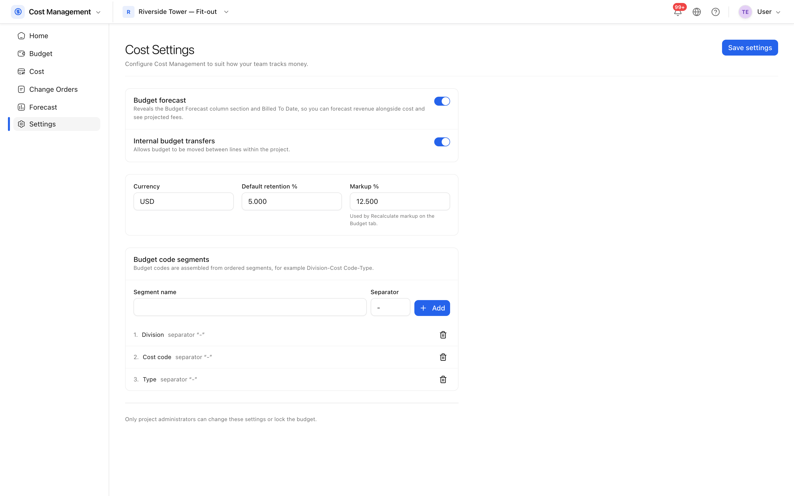 Cost settings