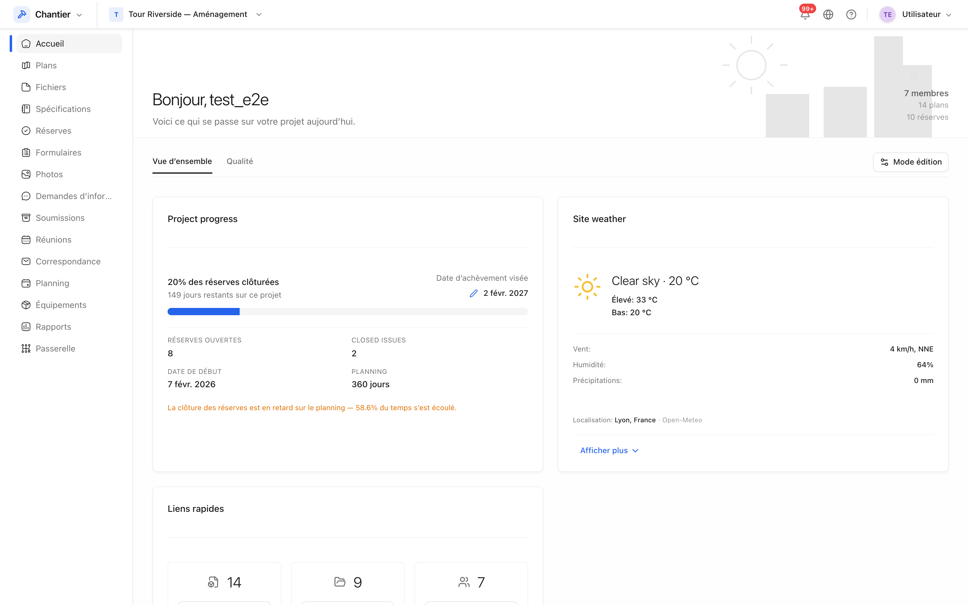 Le module Chantier, avec la liste des outils à gauche