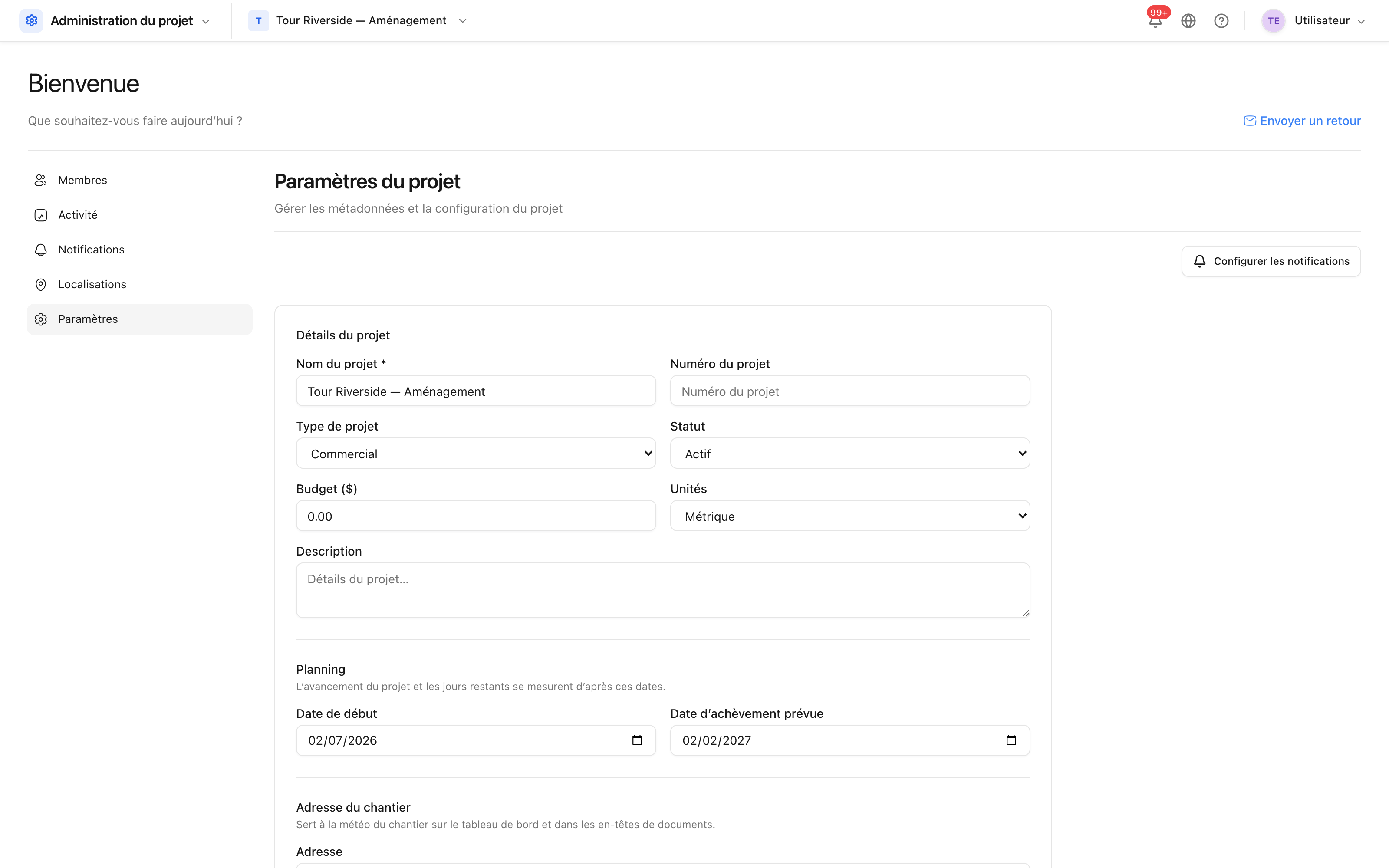 Paramètres du projet