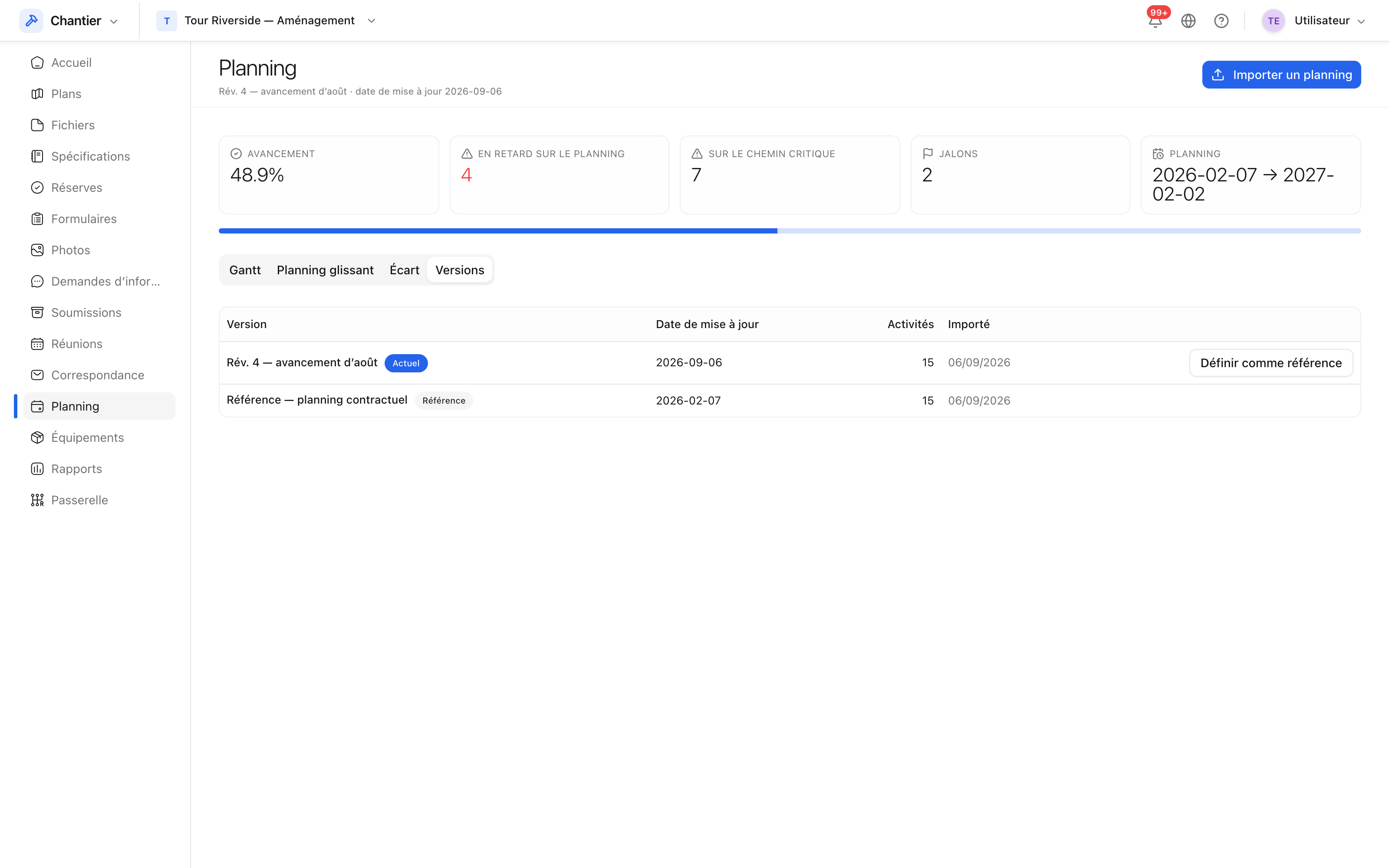 Les versions de planning