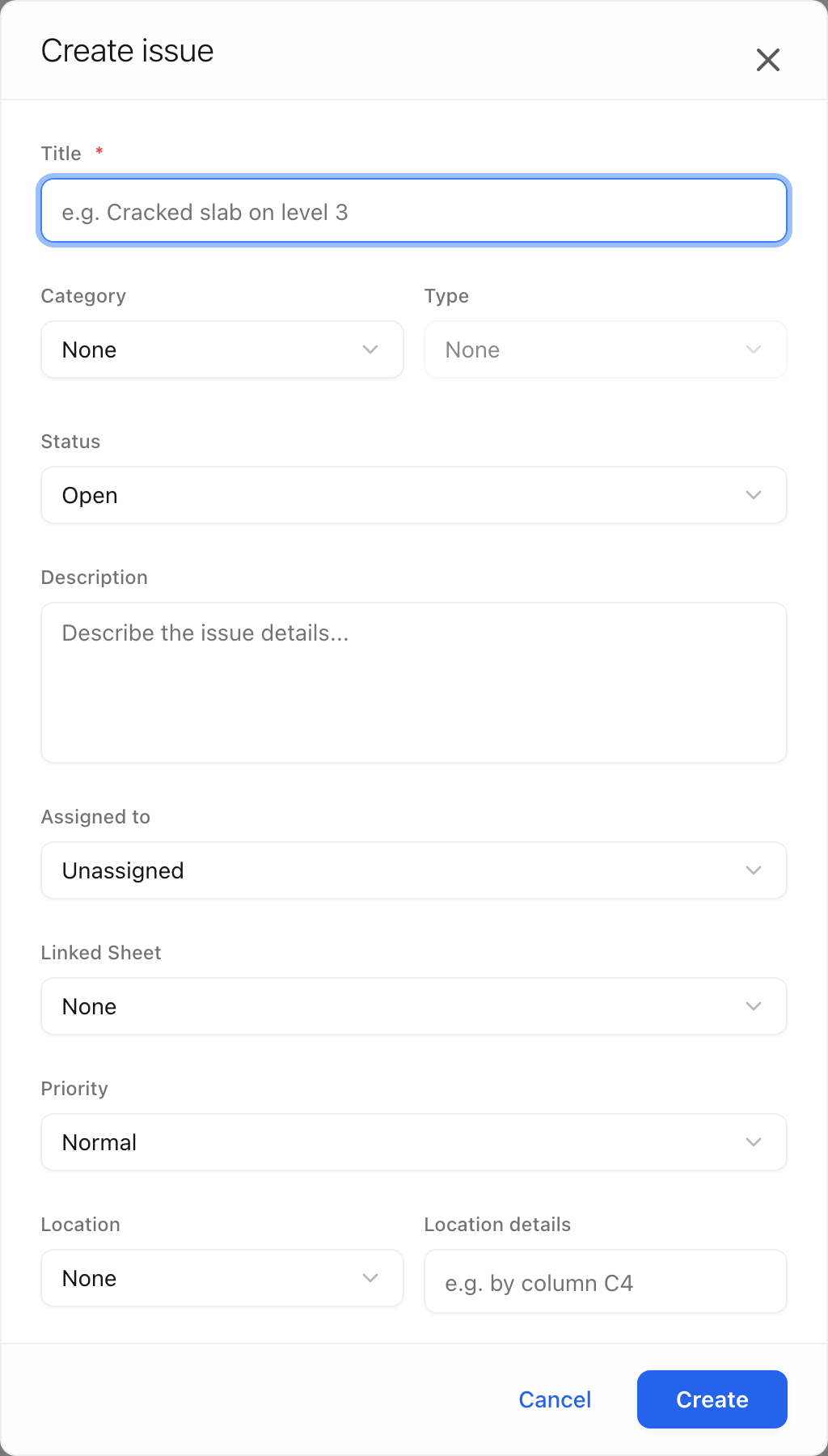 The create issue dialog