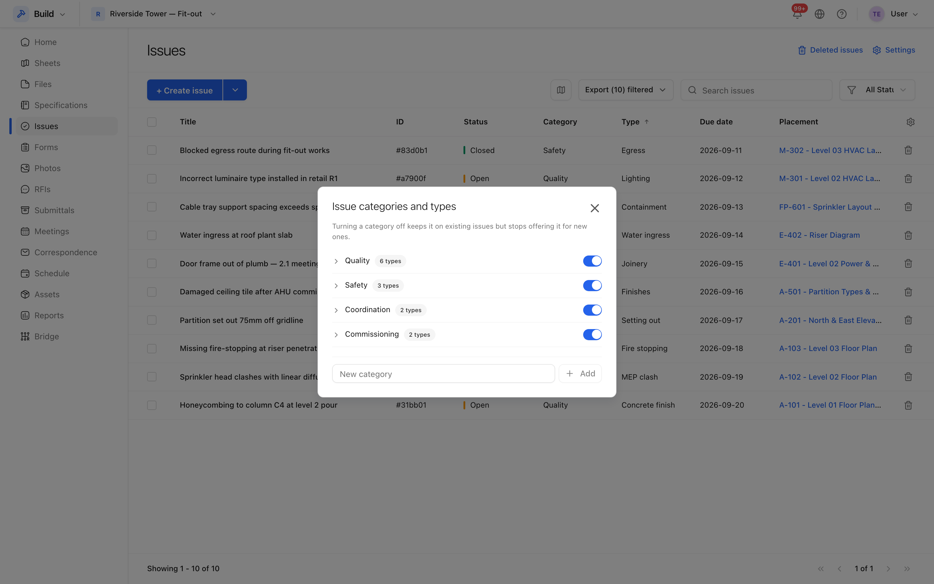 Issue settings