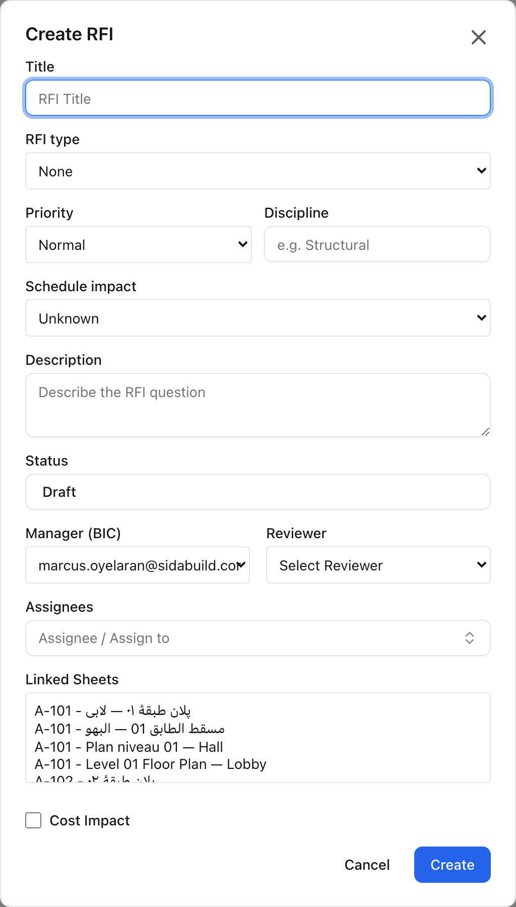 The create RFI dialog