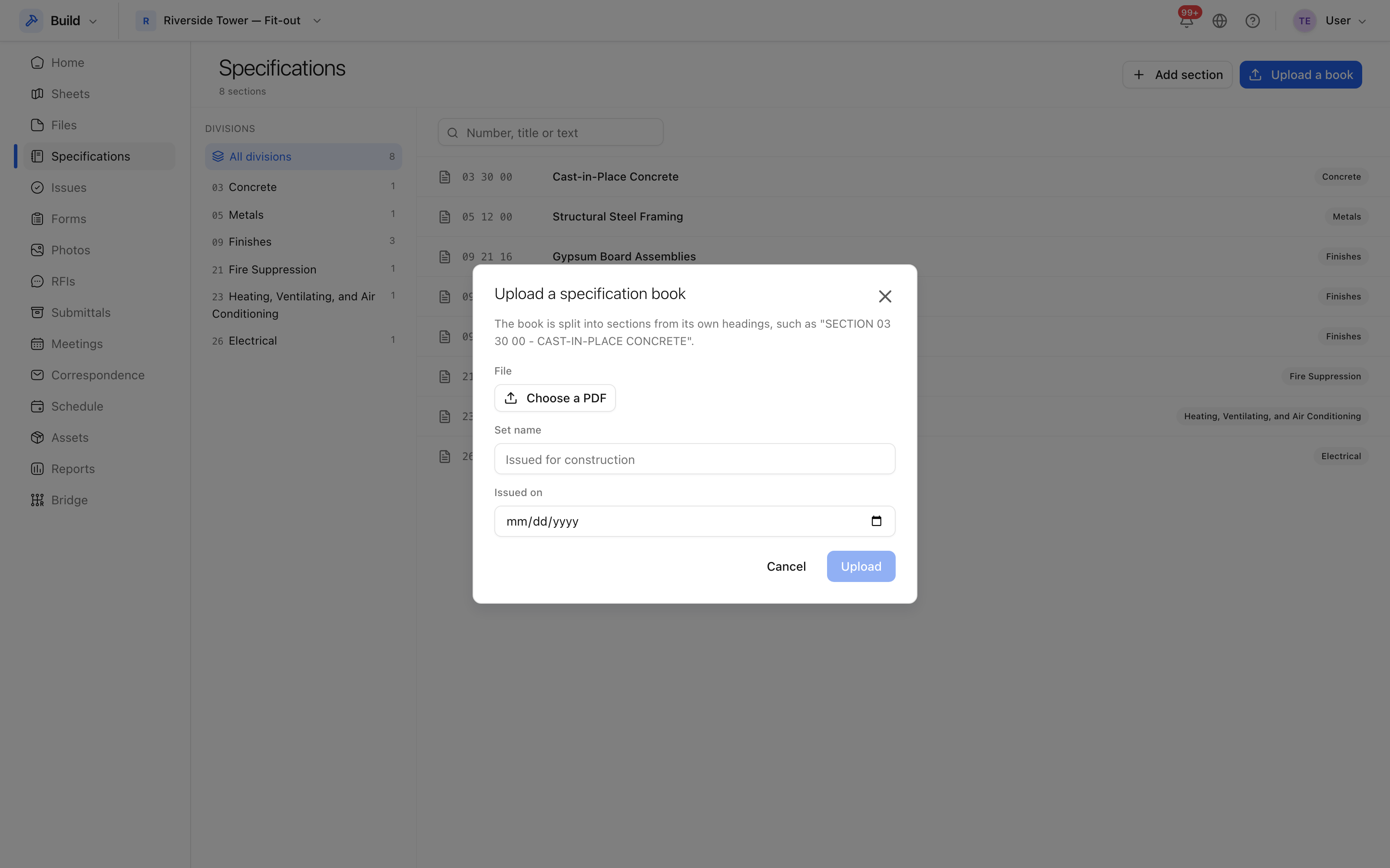 Uploading a specification