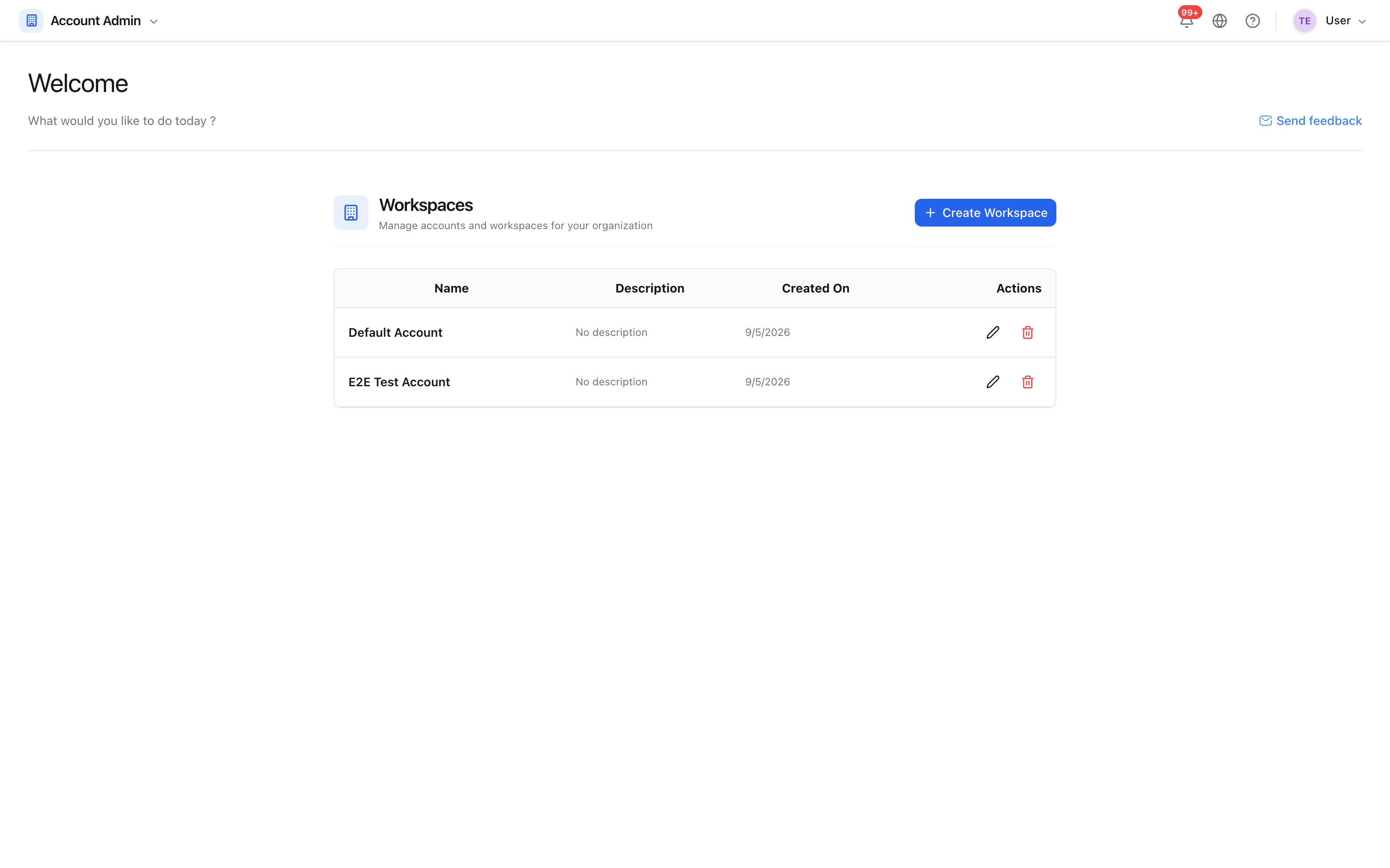 The workspaces in an account